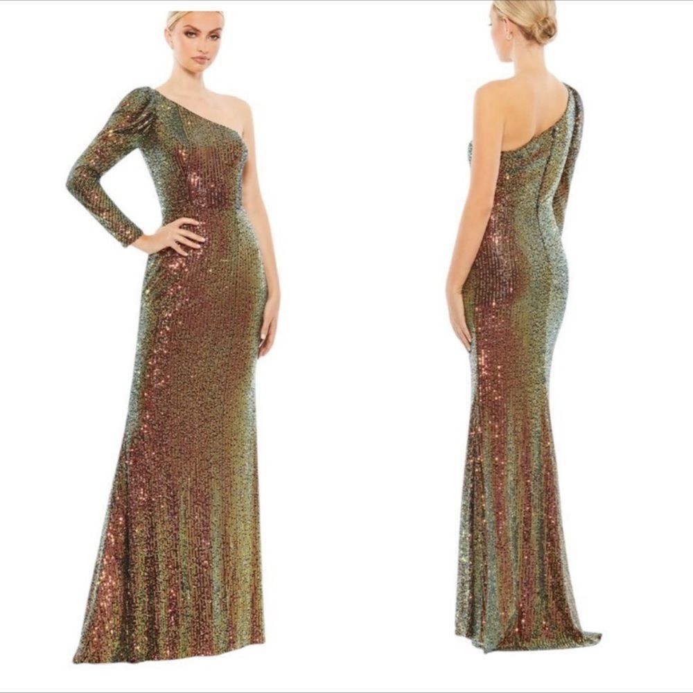 Mac Duggal 26591 Sequin One Shoulder Iridescent Gown | Size 6